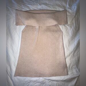 Pink Rose Off-the-Shoulder Ribbed Sweater in Light Taupe